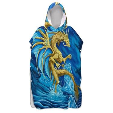 Imagem de TSENQUE Dragon Pterosaur Water Blue Art Changing Robe para adultos, poncho de surfe, com capuz, toalha de praia, impressão, absorvente, poncho masculino com capuz