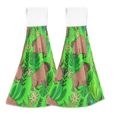 Imagem de Lindas toalhas de cozinha verdes de plantas de arbusto capivara com laço para pendurar conjunto de 2 toalhas de dedo de forno ultra absorventes, toalhas de cozinha decorativas personalizadas 46 x 35