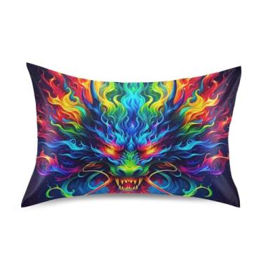 Imagem de Fronhas de cetim legais coloridas arte dragão fogo rei rainha fronha padrão arte fofa refrescante conforto travesseiro de cama macio tamanho padrão 66.0 cm x 50.8 cm
