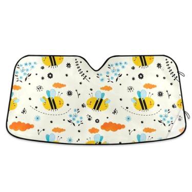 Imagem de Cute Playful Bees Guarda-sol bege para para-brisa de carro impressão retrátil universal protetor solar automotivo M, 139,7 cm x 70,1 cm