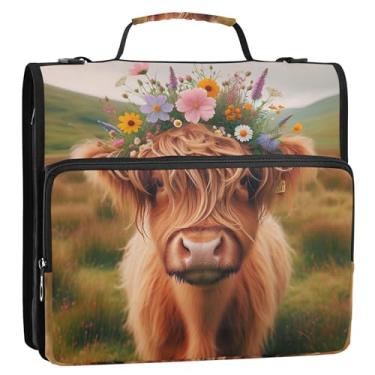 Imagem de Fichários Highland Cow Floral Bezerro 3 anéis anel D 1,5 polegada D fichário fichário organizador fichário com alça bolsa escolar carteira e estojo suporte pasta anel