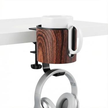 Imagem de cowinational Porta-bebidas 2 em 1 de luxo antiderramamento com gancho sob a mesa, suporte de copo de mesa, suporte de caneca de mesa (design de madeira)