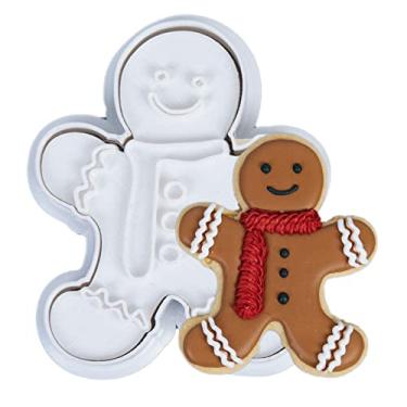 Imagem de Flycalf Cortadores de biscoito de Natal, formas de gengibre com carimbos de êmbolo, acessórios de panificação PLA, moldes de cortar, presentes decorativos para festa de 9 cm, utensílios para bolos de