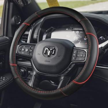 Imagem de KEAIDAP Capa de volante para Dodge RAM 1500, 2500, 3500 - Acessório automotivo de couro de microfibra premium com aderência antiderrapante, durabilidade robusta e atualização interna, 39.4-40.6 cm