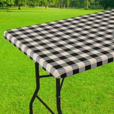 Imagem de Smiry Toalha de mesa retangular de piquenique, toalhas de mesa elásticas à prova d'água, capas de mesa xadrez de búfalo com forro de flanela para jantar, acampamento, ao ar livre (preto e bege, 76 cm