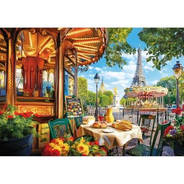 Imagem de Quebra-cabeça de 2000 peças para adultos, cena romântica de rua de Paris com Torre Eiffel, carrossel e café, presente desafiador para amantes de viagens e arte, tamanho final 99 x 71 cm
