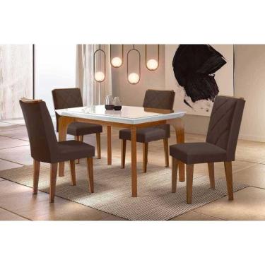 Imagem de Sala Jantar Mesa Londrina Tampo c/ Vidro Curvo 120cm 4 Cadeiras Pietá Madeira Naturale/Off White - Capuccino/Suede Capuccino - Rufato