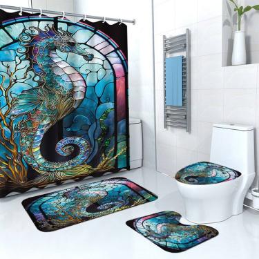 Imagem de Conjunto de cortinas de chuveiro Stained Glass Seahorse Bathroom Decor
