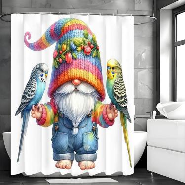 Imagem de Conjunto de cortinas de chuveiro Colorful Gnome Parrot com 12 ganchos