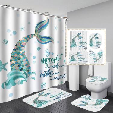Imagem de Conjunto de cortinas de chuveiro Mermaid Make Waves com tapetes impermeáveis