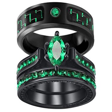 Imagem de ringheart Anéis de casal preto combinando 1,5 ct CZ verde conjuntos de anéis de casamento feminino para ele e ela, Metal Cristal Pedra Metal Cristal strass pedra, Zircônia cúbica