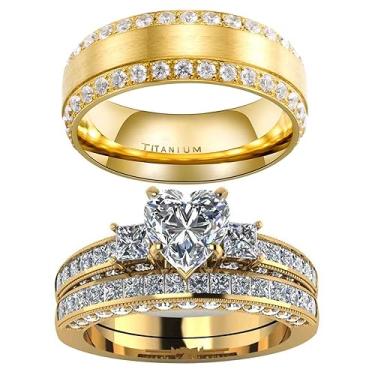 Imagem de ringheart Anéis de casal combinando com coração AAA CZ banhado a ouro amarelo conjunto de anéis de casamento feminino para ele e ela, women size7 & men size9, Papel, Zircônia cúbica