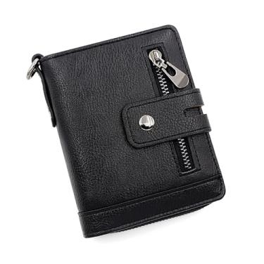 Imagem de Carteira masculina com zíper, carteira retrô dobrável multifuncional de couro sintético com bolso para moedas, porta-cartão de crédito, 7 compartimentos para cartão, grande capacidade, Preto, Retrô