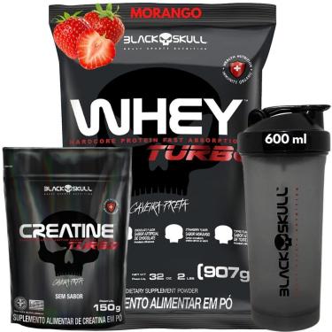 Imagem de Kit Whey Protein Concentrado 907g Refil Creatina Monohidratada 150g Coqueteleira 600ml Black Skull-Unissex