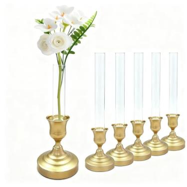 Imagem de Inweder Vasos Bud com suporte de castiçal: conjunto de 12 vasos de vidro transparente com manga de silicone para suporte de vela cônica de 2,2 cm - vasos de flores para centros de mesa, decoração de