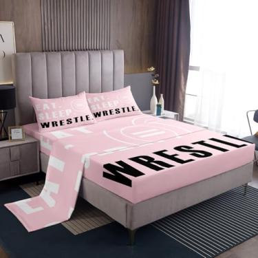 Imagem de Feelyou Jogo de lençol casal com tema esportivo de luta livre, 4 peças, para crianças, meninos, meninas, adolescentes, rosa, lençol com elástico alto, lençol com elástico alto