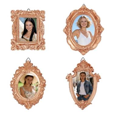 Imagem de NICENEEDED 4 Peças, Mini Moldura de Resina Vintage, Porta-Fotos Antigo Dourado Retângulo Oval Moldura Retangular, Pequena Ornamental com Gancho e Corda para Decoração de Parede