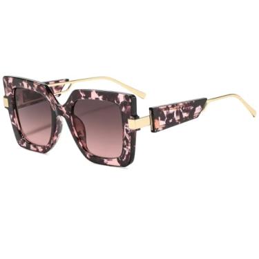 Imagem de Óculos de Sol Femininos Steampunk de Luxo, Quadrados, com Proteção Solar, Armação Grande de Metal, UV400 (C8 Cinza com Flor Rosa)