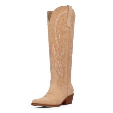 Imagem de QIY Botas femininas caubói, cano alto, cano alto, com strass, bico fino, salto grosso, bota ocidental, Camurça marrom, 38