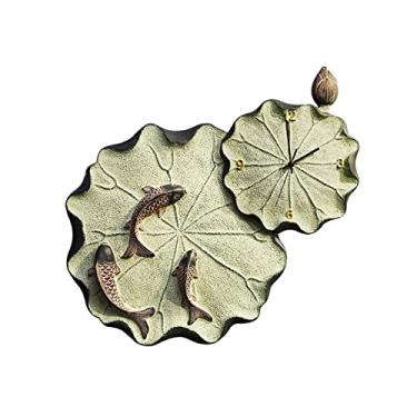 Imagem de KHUTRW3D Relógio de parede criativo em forma de folha de lótus e peixe de cozinha sala de estar corredor decoração de parede relógio de parede resina em relevo relógio silencioso decoração