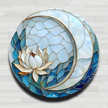 Imagem de Placa de parede redonda de metal de alumínio rústico vintage de lótus azul branco, 20 cm, presentes e decoração para casa, escritório, café e quintal
