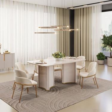 Imagem de Conjunto Sala de Jantar Liz Tampo com Vidro Retangular 180cm com 6 Cadeiras Vitta Off White/Perola