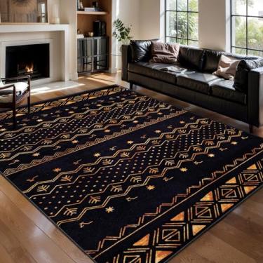 Imagem de SERISSA Tapetes de área para sala de estar, lavável, antiderrapante, preto e dourado, tapete geométrico macio e geométrico, para sala de jantar, quarto, casa, escritório, sala de jogos