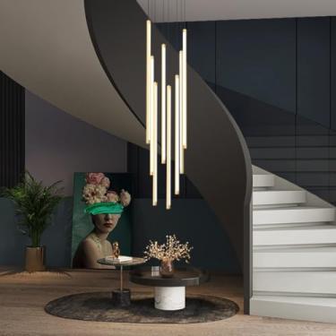 Imagem de Luminária pendente LED moderna para escada, lustre longo giratório com 12 lâmpadas, dimerizável, imitação de madeira, luminária suspensa ajustável para teto oco de sala de estar (8 lâmpadas)
