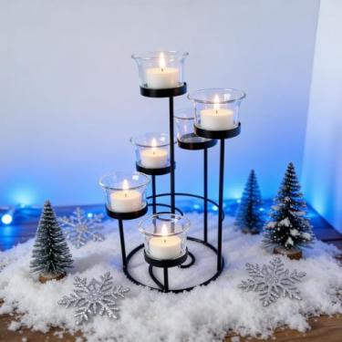 Imagem de Castiçal de metal preto para lareira de candelabro, castiçais de pilar de 6 níveis com copos de vidro, altura de 26 cm, decoração de manto de mesa central