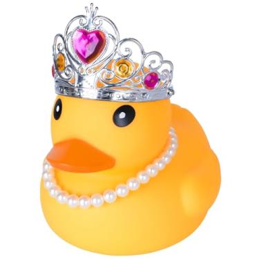 Imagem de BOZILY Pato de borracha grande de 16,5 cm com coroa e colar de pérolas, para ornamento de carro, patos de borracha gigantes, patinhos amarelos grandes para decorações de painel de carro presentes