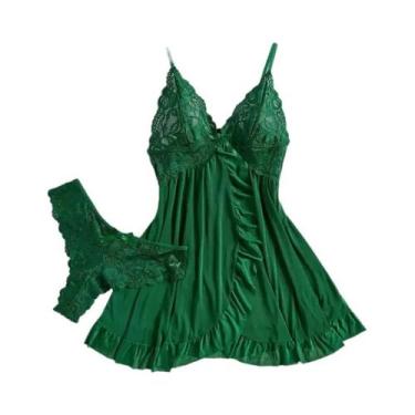 Imagem de Camisola Verde Escura Com Alças, Roupa De Dormir Transparente E Macia,