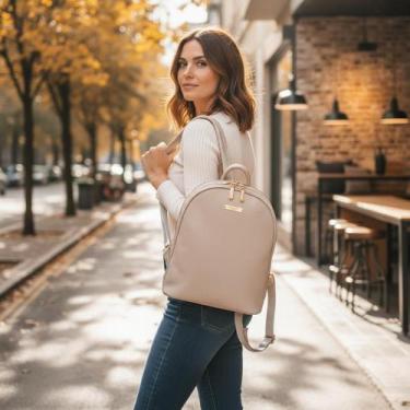 Imagem de Mochila Feminina Couro PU Elegante Com 2 Divisórias Bolso Antifurto Mé