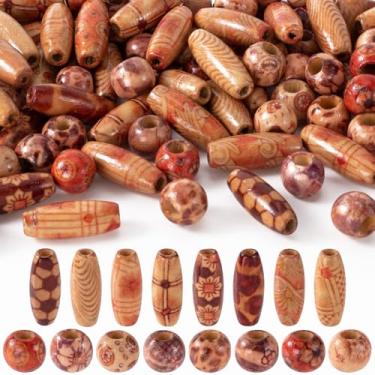 Imagem de OIIKI 100 peças de contas de madeira impressas para artesanato, contas de cabelo de madeira natural de orifício grande, pingentes espaçadores ovais redondos vintage para artesanato faça você mesmo