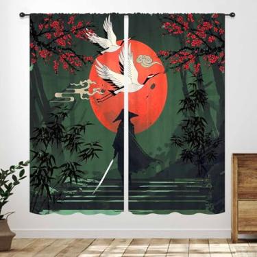 Imagem de Cortinas japonesas retrô, tinta aquarela anime samurai vermelho guindaste sol flores de cerejeira estilo japonês tratamento de janela verde para quarto sala de estar banheiro cortinas de janela 53 cm