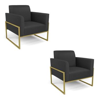 Imagem de Kit 2 Poltronas Base Industrial Alta Dourado Marisa Corino D03 - D\'rossi Cor Preto