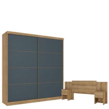 Imagem de Guarda Roupa Casal Malaga 2 Portas Capuccino Azul E Cabeceira Com Mesa