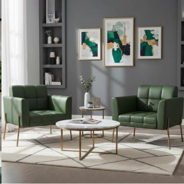 Imagem de Poltrona Sala Decorativa Kit 2 Elisa Pé Aço Lateral Dourado Sintético PU Verde D03 - D'Rossi