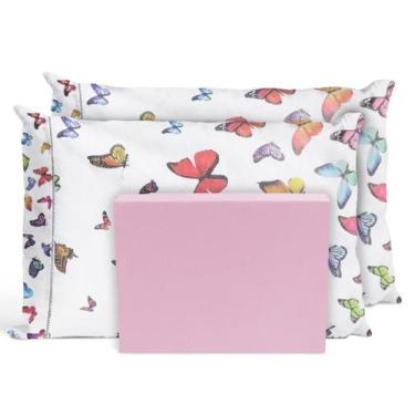 Imagem de Jogo De Lençol Cama Padrão 3 Peças Percal Borboletas Rosa - Casa Home