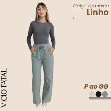 Imagem de Calça Feminina de Linho Reta Cós Wide Leg Elástico Reta Casual Bolsos Externos Confortável-Feminino