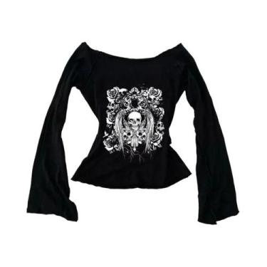 Imagem de Camiseta Feminina Retro Gótica Estampada Com Ombros Descidos, Moda De 