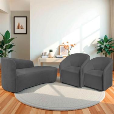 Imagem de Kit Sofá Curvo França 140cm Ld, E 2 Poltronas Luiza Max Conforto, Elegância E Design Moderno Linho Cinza Escuro