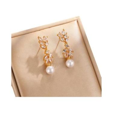 Imagem de Brinco Elegante Feminino Com Folha, Zircônia Cúbica E Pérola Imitada P