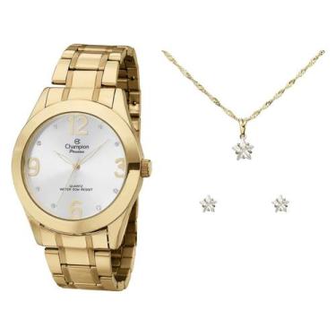 Imagem de Relogio Feminino dourado com kit sem jóias luxo com garantia - Champio