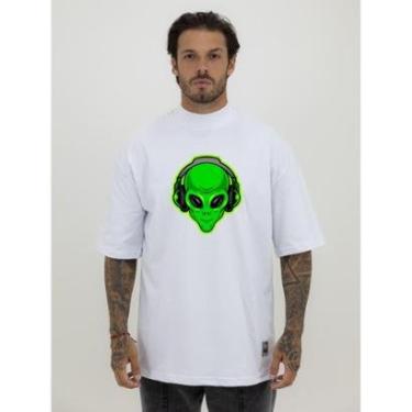 Imagem de Camiseta Camisa Oversized Gola Alta Estampa ET Green Streetwear Algodão Premium Branco-Masculino