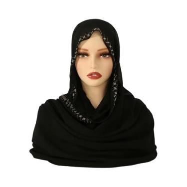 Imagem de Lenço Hijab De Chiffon Com Strass Para Mulheres, Xale Elástico Liso, F
