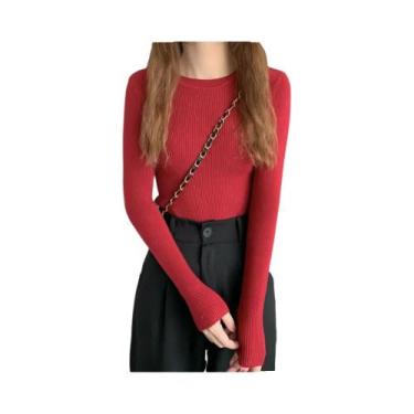 Imagem de Suéter Feminino De Tricô Manga Longa Gola O Moda Outono Inverno Básico