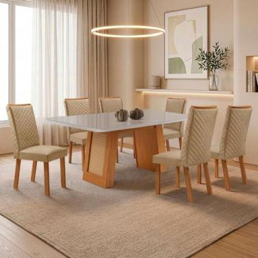 Imagem de Mesa de Jantar Carolina 180cm Tampo MDF e Vidro Canto Copo com 6 Cadei