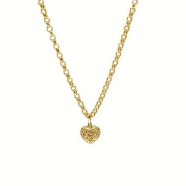 Imagem de Cordão Portuguesa de Ouro 18k 45cm com Pingente Coração Trabalhado Cor