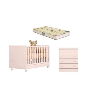 Imagem de Jogo De Quarto Infantil Bebê Berço Vira Mini Cama Com Colchão D-18 E C