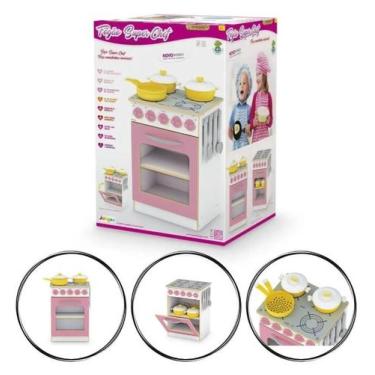 Imagem de Fogão De Cozinha Brinquedo Infantil Rosa De Madeira Mdf Rosa Junges